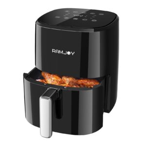 ramjoy air fryer 3.8 quarts for 1-2 people, 8-in-1 functions, air fry, roast, bake, broil, preheat, shake, digital small air fryer, nonstick dishwasher-safe basket, compact air fryers, black