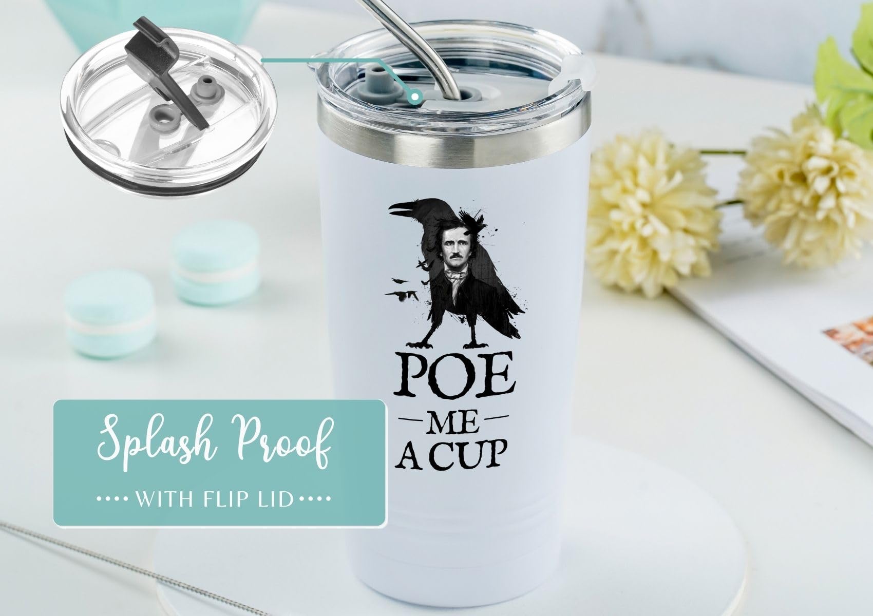 Onebttl Edgar Allan Poe Gifts for Men, Women for Christmas, Birthday, 20 oz Stainless Steel Insulated Tumbler Travel Coffee Mug - POE ME A CUP (White)