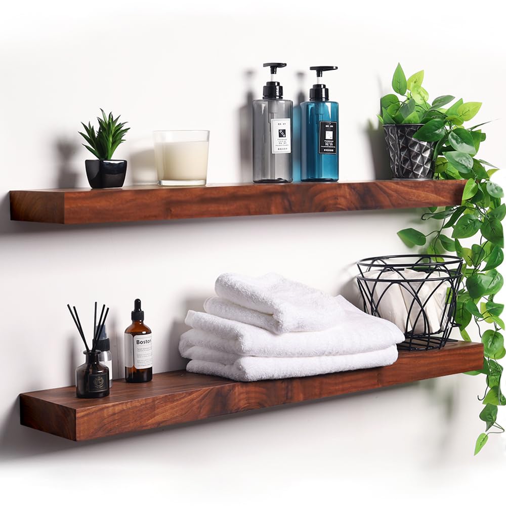 ACTESE Whole Piece of Walnut Wood Floating Shelves for Wall Mount, Thicker and Wider Sturdy Wood Shelf for Bedroom, Bathroom Kitchen and Living Room Decor,36 x 6 x 1.5 inche, Set of 2 (Walnut, 36")