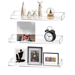 clear acrylic shelves for wall storage, 3pcs 15" floating shelves wall mounted, kids bookshelf, display ledge for bedroom, living room, bathroom, kitchen,