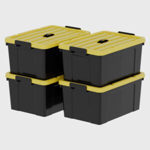 cetomo 95qt*4 durabilt flip lid stackable heavy duty tough storage container tote, plastic storage bins, storage box, black base with yellow lid (4 pack)