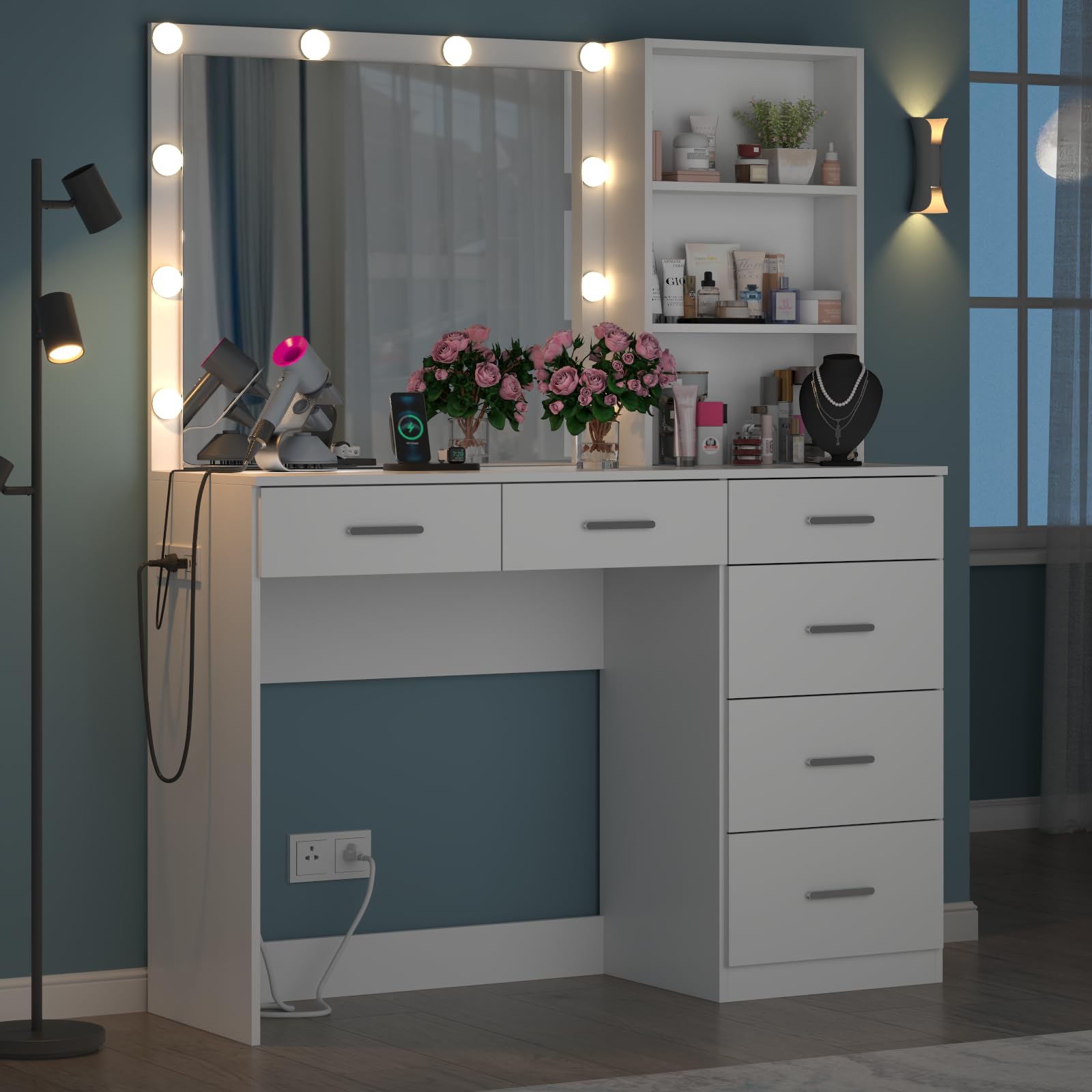 Gyfimoie 39 Inches White Vanity Desk with Lights, 6-Drawers Makeup Vanity Table with Power Strip and Storage Shelves, Dressing Table with Lighted Mirror for Women Girls