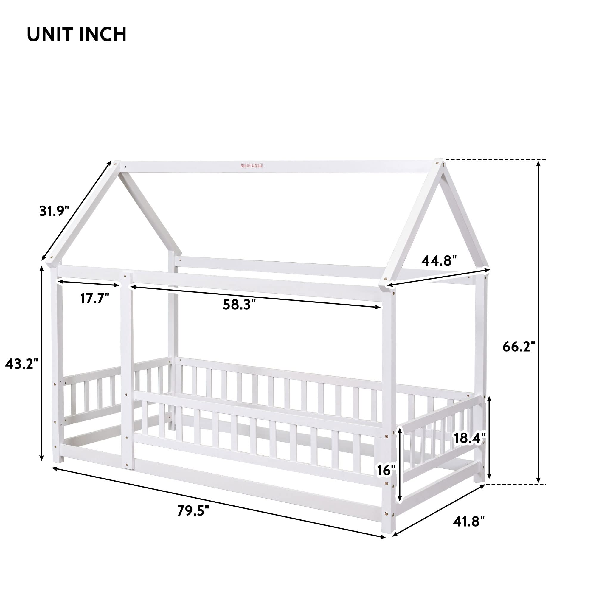 LLS Twin Floor Bed Frame with Fence, Wooden Montessori Bed, House Bed for Boys Girls Bedroom, White