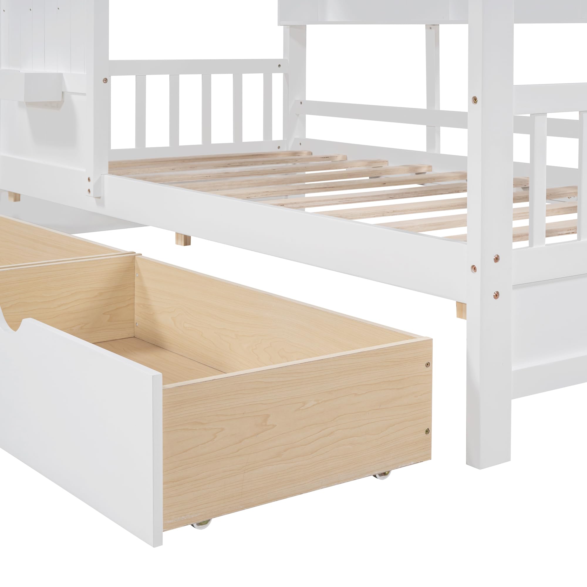 Wooden Twin Size House Bed with 2 Drawers,Kids Bed with Storage Shelf,for Kids Boys Girls Teens Bedroom Use (Twin, White@Drawers)