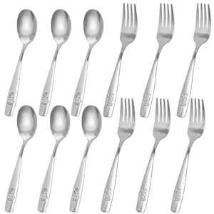 hansgo 12pcs children safe forks and spoons, silverware for kids cutlery set toddler utensils stainless steel tableware with bunny and puppy motifs