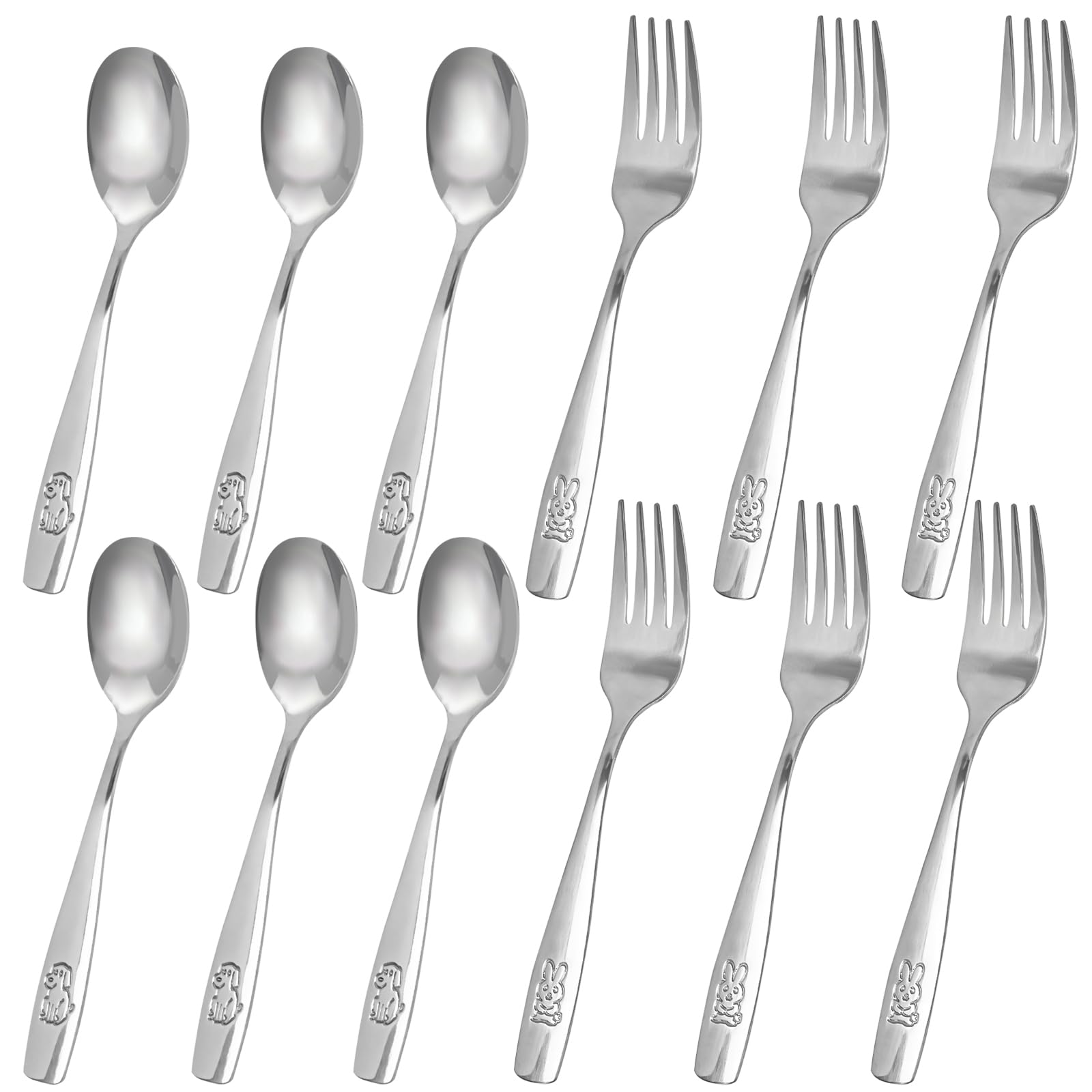 HANSGO 12PCS Children Safe Forks and Spoons, Silverware for Kids Cutlery Set Toddler Utensils Stainless Steel Tableware with Bunny and Puppy Motifs