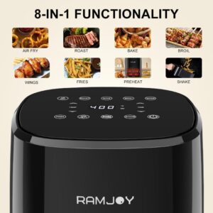 RAMJOY Air Fryer 3.8 Quarts for 1-2 people, 8-in-1 Functions, Air Fry, Roast, Bake, Broil, Preheat, Shake, Digital Small Air Fryer, Nonstick Dishwasher-Safe Basket, Compact Air Fryers, Black