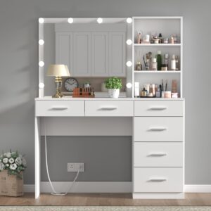 Gyfimoie 39 Inches White Vanity Desk with Lights, 6-Drawers Makeup Vanity Table with Power Strip and Storage Shelves, Dressing Table with Lighted Mirror for Women Girls