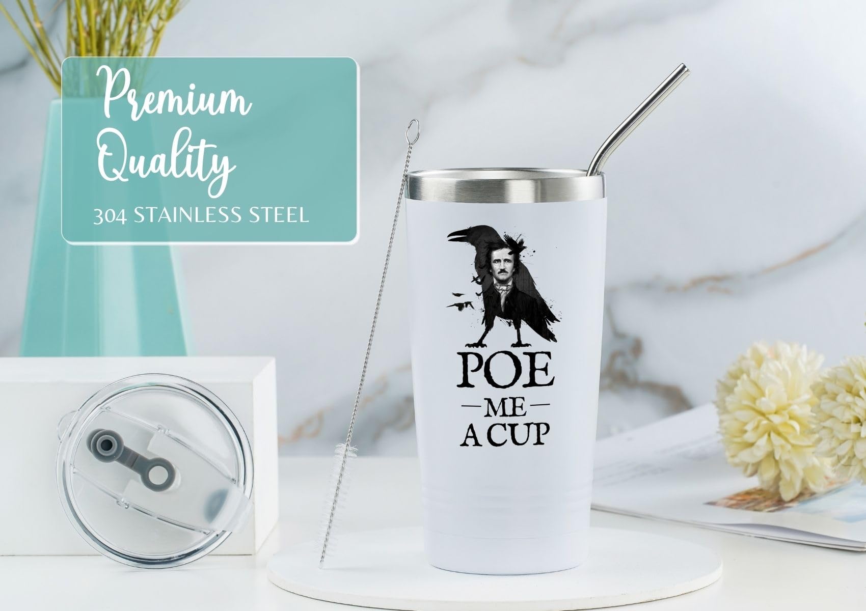 Onebttl Edgar Allan Poe Gifts for Men, Women for Christmas, Birthday, 20 oz Stainless Steel Insulated Tumbler Travel Coffee Mug - POE ME A CUP (White)