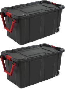 jalch 40 gallon industrial plastic tote with wheels, black, 2-pack