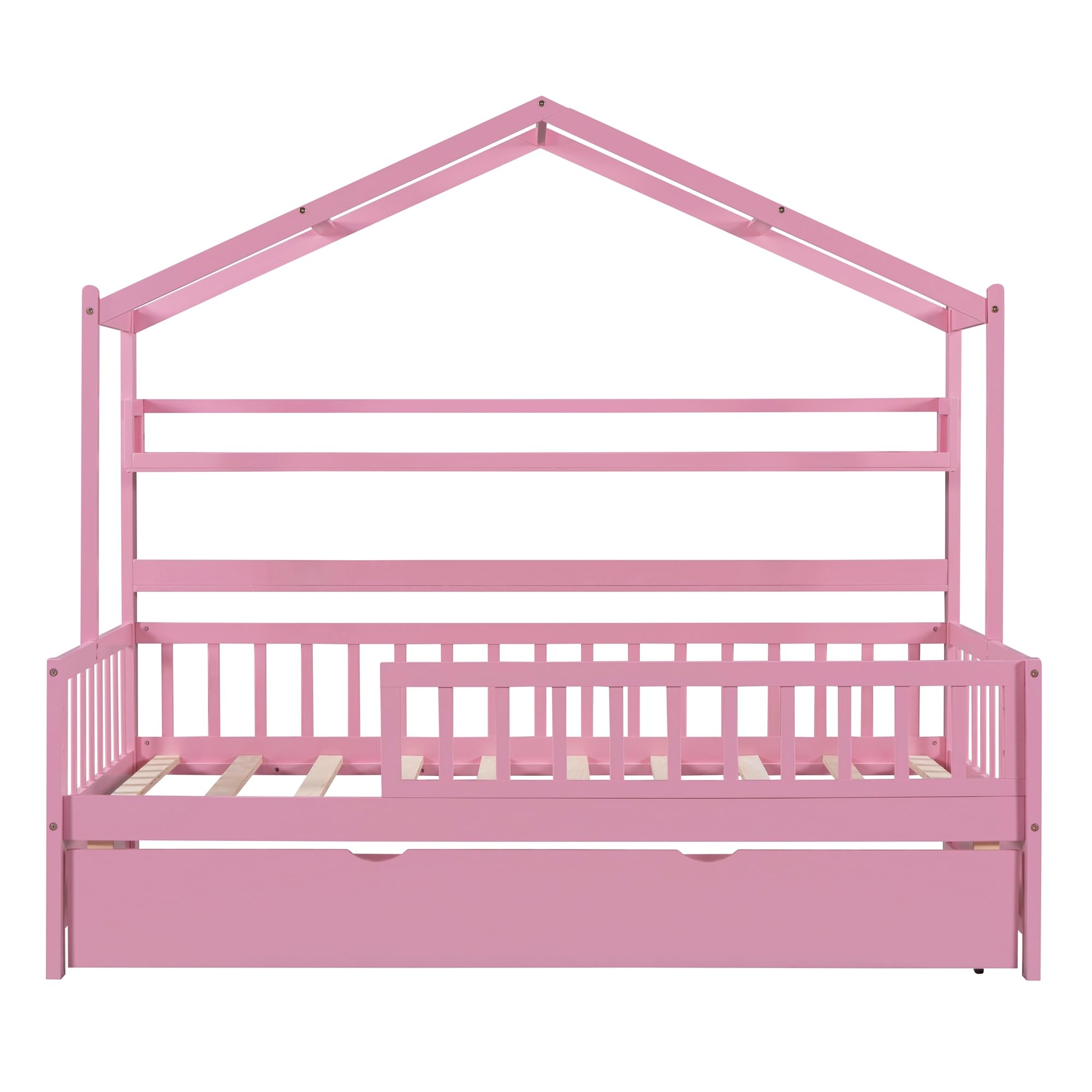 Harper & Bright Designs Wooden Twin Size House Bed with Trundle,Kids Bed with Shelf, White (Twin, Pink+Trundle1)