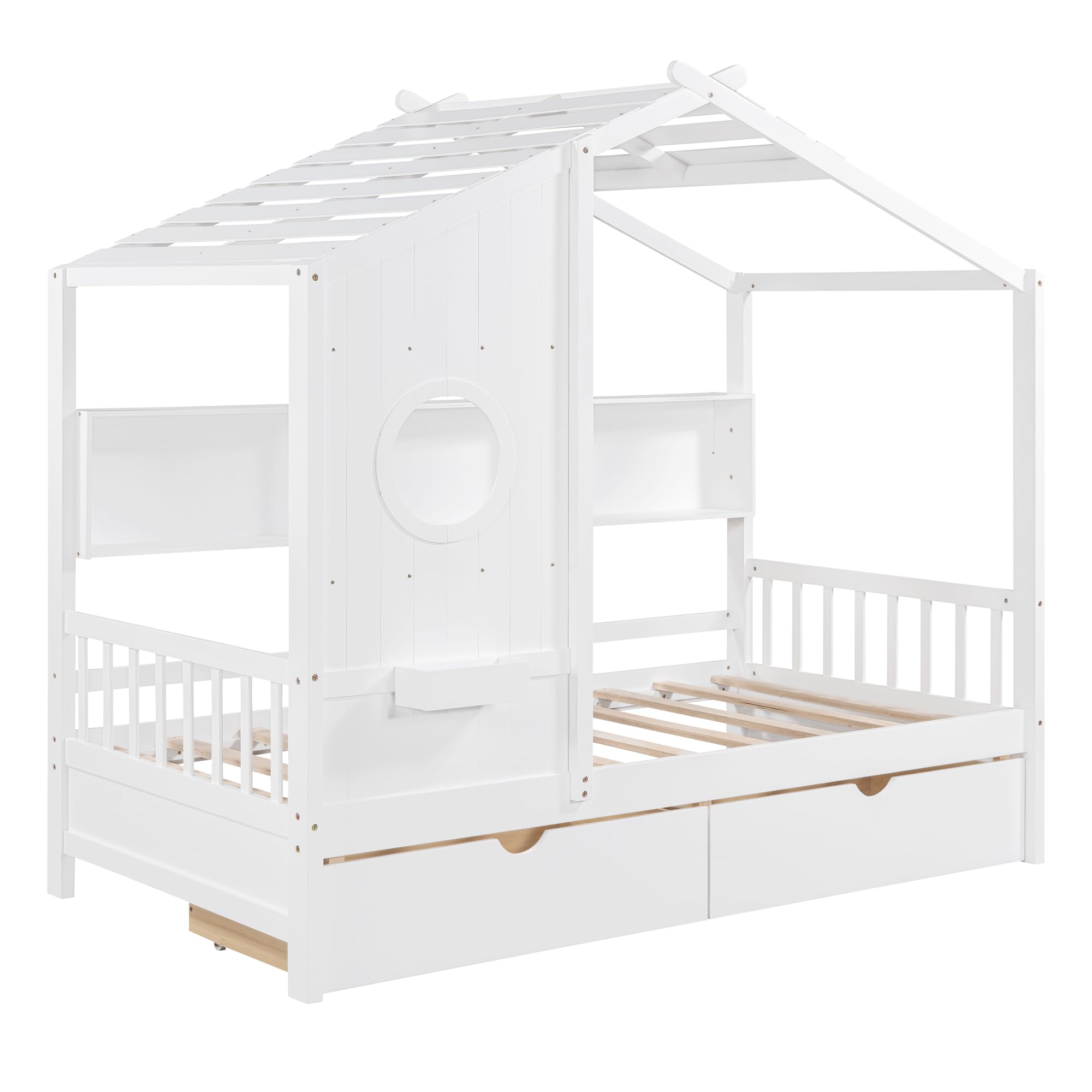 Wooden Twin Size House Bed with 2 Drawers,Kids Bed with Storage Shelf,for Kids Boys Girls Teens Bedroom Use (Twin, White@Drawers)