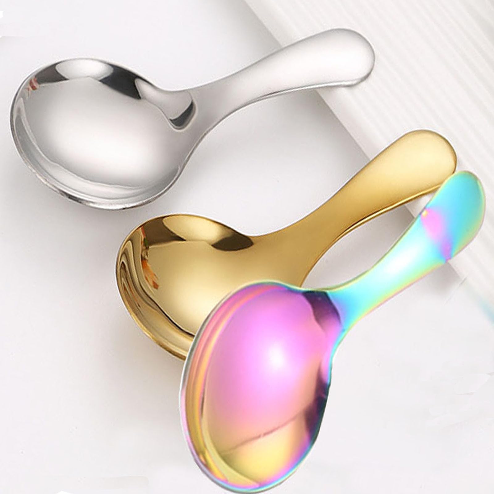 6 Pcs Stainless Steel Short Handle Thickened Small Round Spoons For Honey Candy Coffee Tea Salt Jam and Mustard - Ice Cream Dessert Spoon (E Yellow)