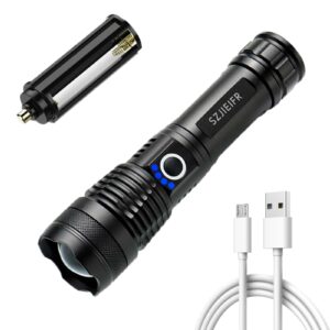 szjieifr led 18650 flashlight tactical flashlights rechargeable led flashlight, 5 modes zoomable usb fast charging flash light,bright long range for home outdoor, hiking, camping, hurricane supplies