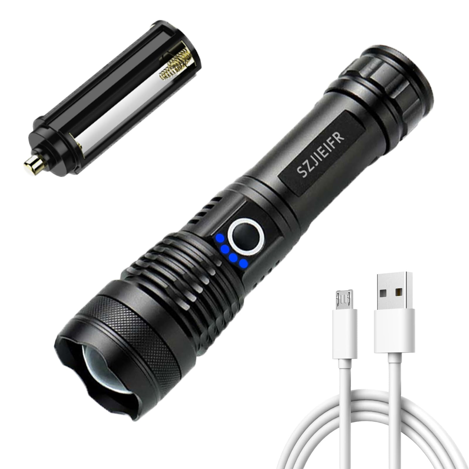 SZJIEIFR LED 18650 Flashlight Tactical Flashlights Rechargeable LED Flashlight, 5 Modes Zoomable USB Fast Charging Flash Light,Bright Long Range for Home Outdoor, Hiking, Camping, Hurricane Supplies