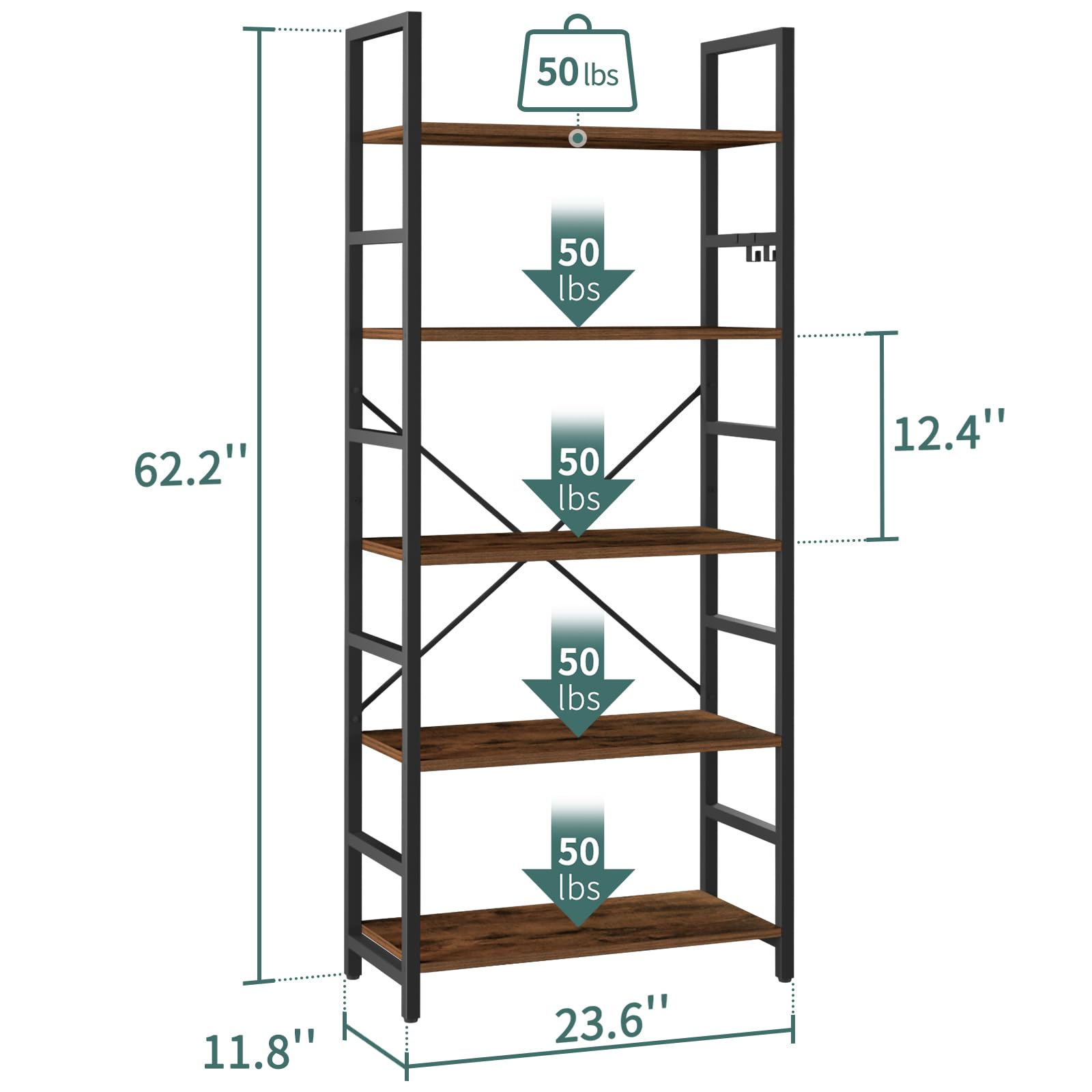 Yoobure 5 Tier Bookshelf - Tall Book Shelf Modern Bookcase for CDs/Movies/Books, Rustic Book Case Industrial Bookshelves Book Storage Organizer for Bedroom Home Office Living Room Rustic Brown