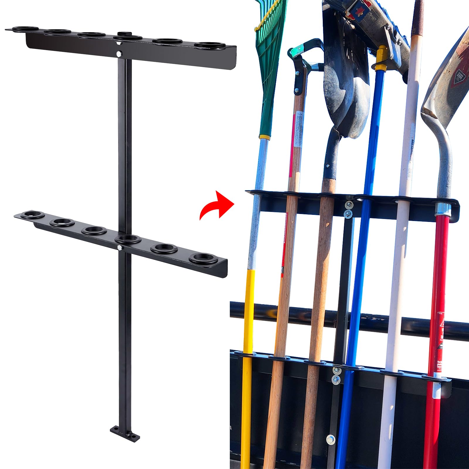 TECTRUC Vertical Hand Rack Landscape Hand Tool Rack,6 Holes Long Handle Tool Storage Holder for Truck Trailer& Garage or Shed Walls Holds 6 Tools for Shovels, Rakes, Hoes（1 Pack, Black）