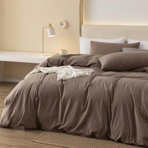 JIYUAN 100% Washed Cotton Duvet Cover Set Comfy Simple Style Soft Breathable Textured Durable Linen Feel Bedding for All Seasons Queen, Solid Brown