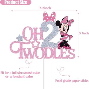 Mouse Oh Twodles Cake Topper for Girls, Pink Glitter Mouse Second 2nd Birthday Cake Topper with Pink Bows for Girls Birthday Party Decorations Supplies(Double-sided), Silver&pink (Silver&pink)