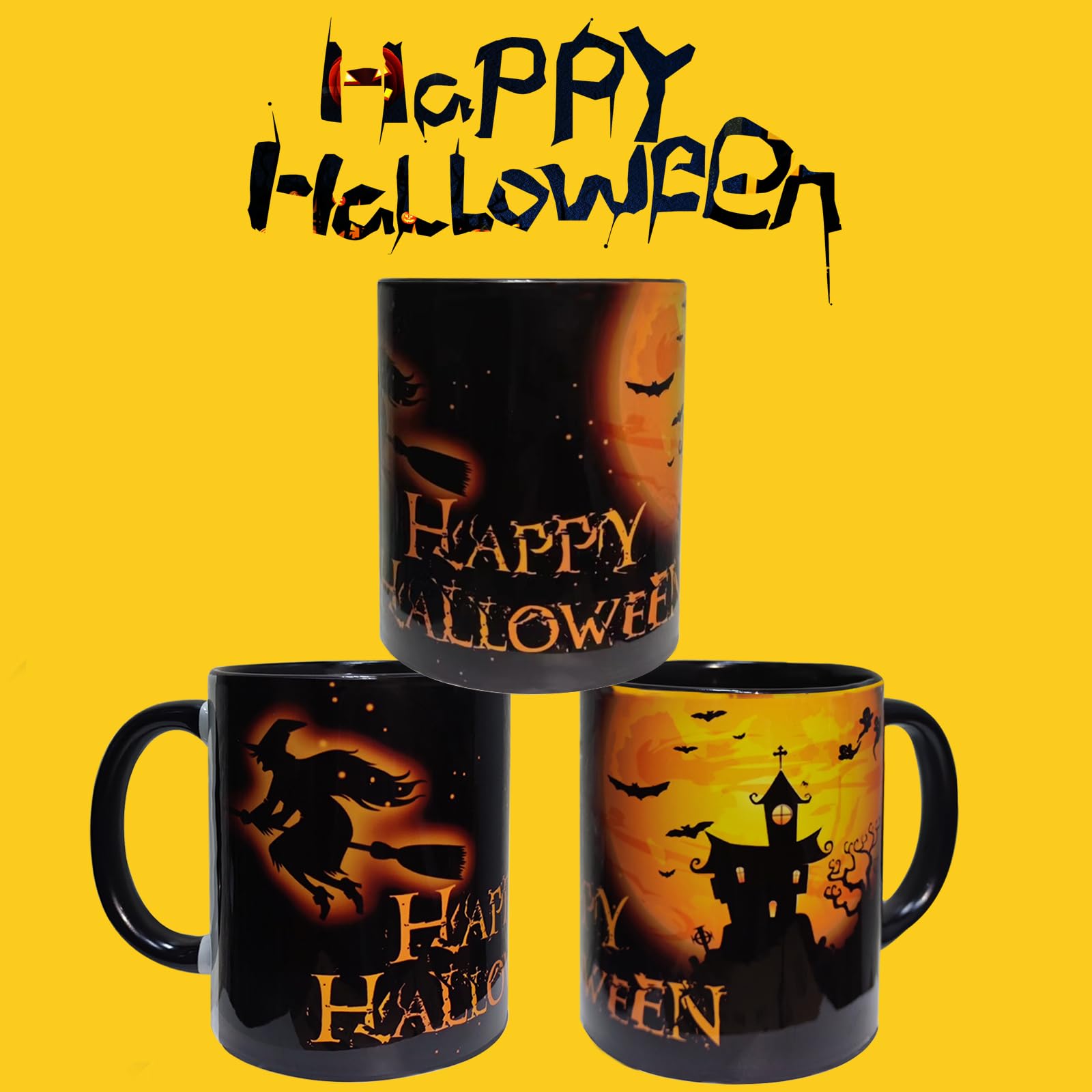 ERYUWOZA Halloween Coffee Mugs - Halloween Mug Cups -Ghost Mug Cup- Spooky Mug Cup - Witch Mug Cup - Bat Mug Cup - Fall Mug Cup, Halloween Mug Gift for Women Men, Black(11 oz)