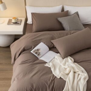 JIYUAN 100% Washed Cotton Duvet Cover Set Comfy Simple Style Soft Breathable Textured Durable Linen Feel Bedding for All Seasons Queen, Solid Brown