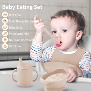 Baby Led Weaning Supplies, 11-Piece Silicone Baby Feeding Set Baby Plates and Utensils Set Infant Feeding Set Suction Plates and Suction Bowls For 6+ Months Toddler (Beige)