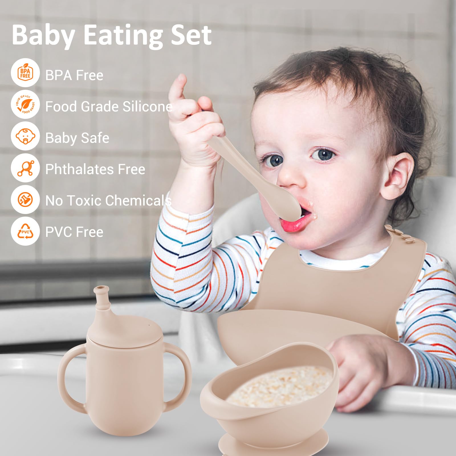 Baby Led Weaning Supplies, 11-Piece Silicone Baby Feeding Set Baby Plates and Utensils Set Infant Feeding Set Suction Plates and Suction Bowls For 6+ Months Toddler (Beige)