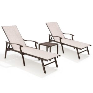 Crestlive Products Aluminum Chaise Lounge Set of 3,Patio Lounge Chairs Five-Position and Full Flat Outdoor Recliner All Weather for Patio, Beach, Yard, Pool (3PCS Beige)