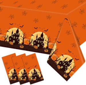 kesfey 3 packs orange halloween tablecloth 54 x 108 inches scary castle ghost pumpkin table cloth disposable waterproof plastic bat spider web table cover trick or treat for halloween party dining