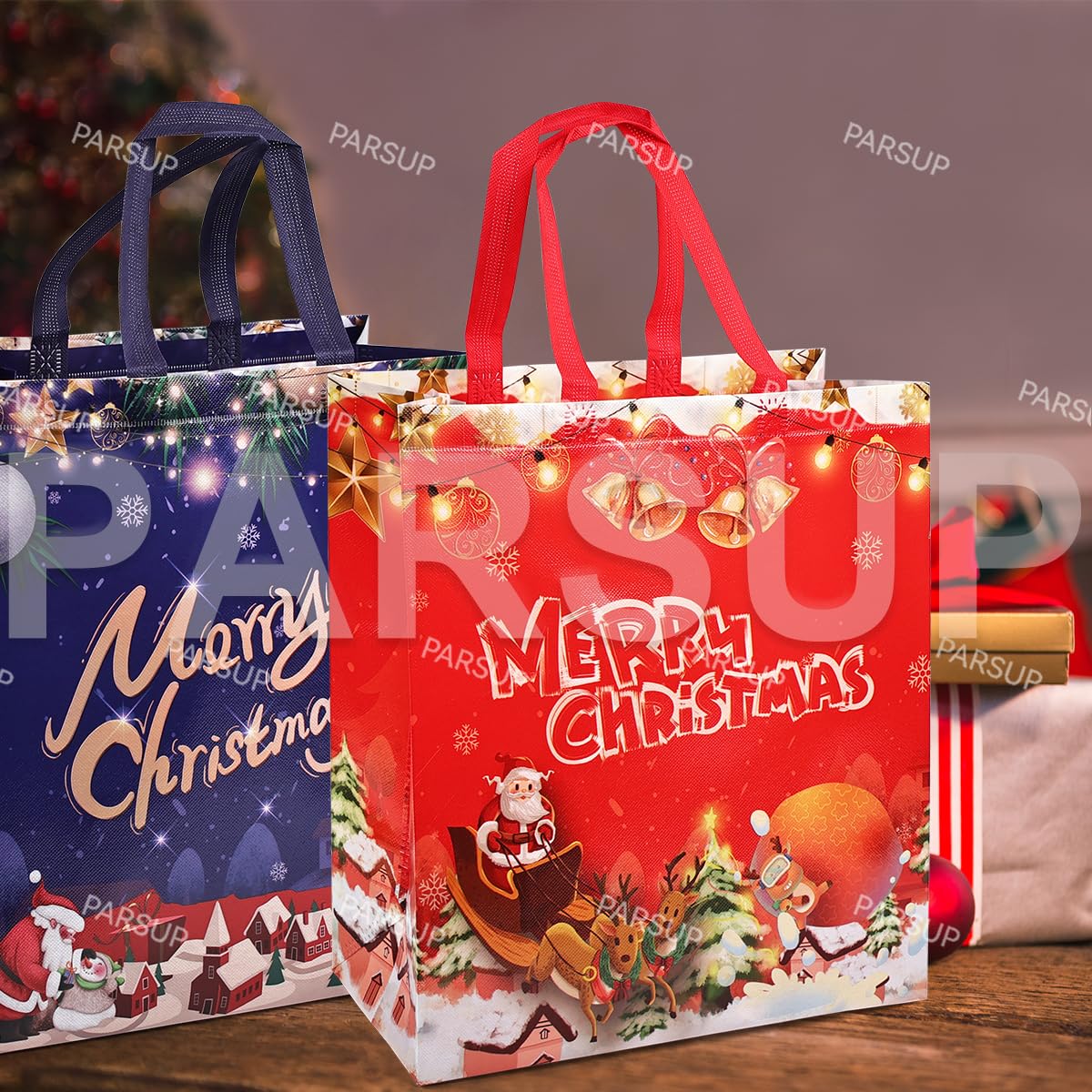 PARSUP 8PCS Large Christmas Gift Bags, Tote Bags with Handles, Christmas Treat Bags, Multifunctional Non-Woven Christmas Bags for Gifts Wrapping Shopping, Xmas Party Supplies, 15"×13.8"×5.9"