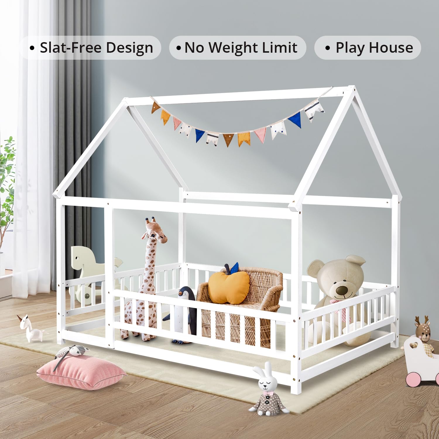 LLS Twin Floor Bed Frame with Fence, Wooden Montessori Bed, House Bed for Boys Girls Bedroom, White