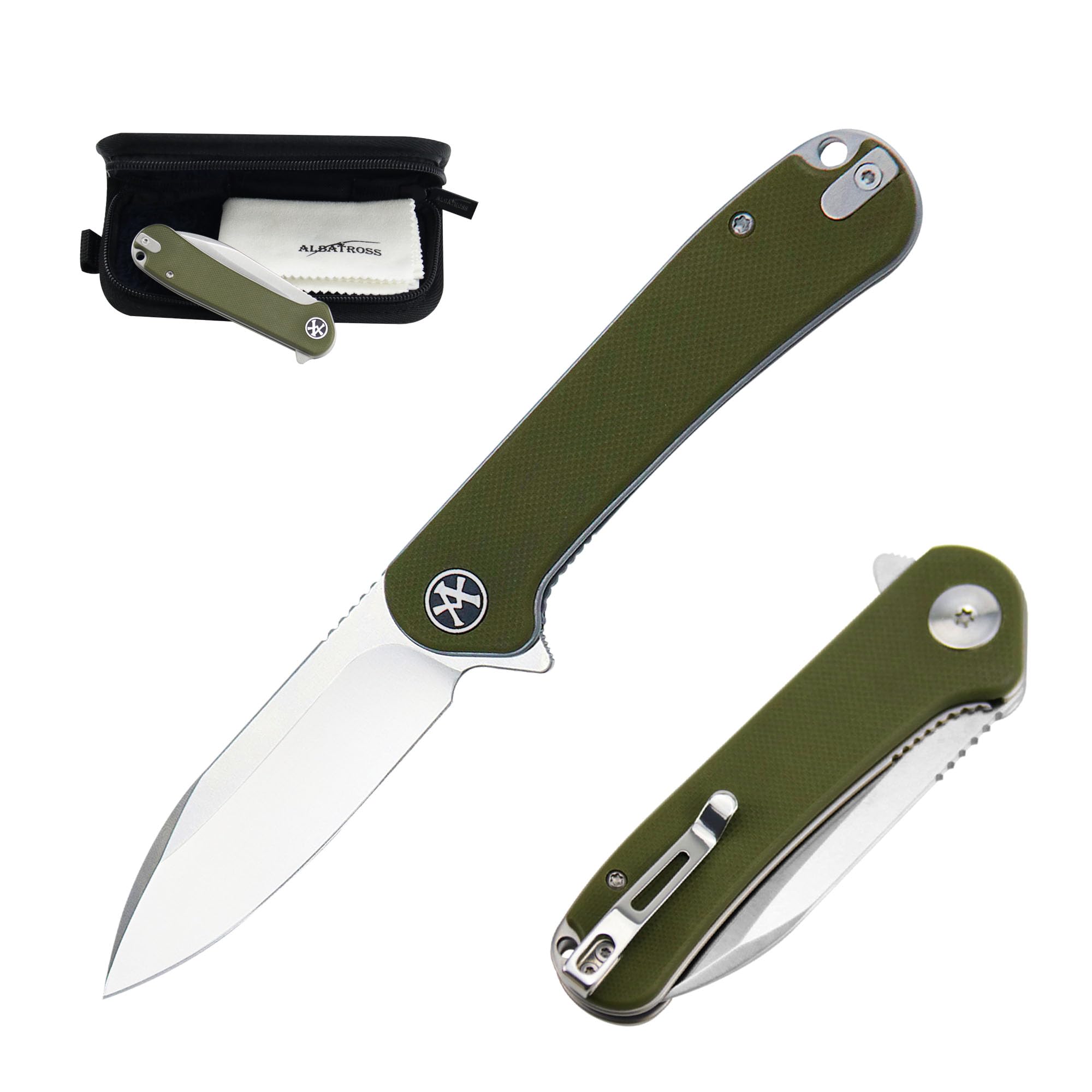 ALBATROSS Small Flipper Pocket Folding Knife, 3" D2 Steel Drop Point Blade, 4" G10 Handle, Liner Lock, FK059 (Green)