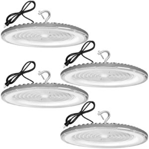 xycn 4 pack 300w ufo led high bay light,100-277v,5000k daylight commercial bay lighting,ip66 waterproof,45050lm,1300w mh/hps with plug area lighting for warehouse/shop/workshop/garage/barn/gym/factory