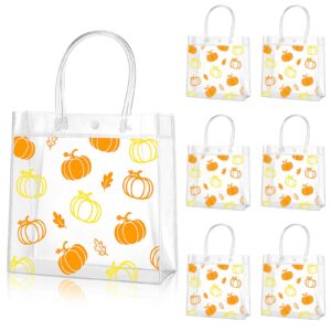 aliceset 12 pcs clear fall pumpkin gift bag with handles pumpkin party plastic favor bag fall treat bag bulk halloween goodie bag for thanksgiving day fall party favor, 8 x 8 x 3.15 inch(orange)