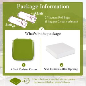 Basic Beyond Outdoor Chair Cushions for Patio Furniture, Waterproof Outdoor Seat Cushions Set of 4 19 x 19, Patio Chair Cushions Set of 4 with Ties and Handle, Grass Green/White