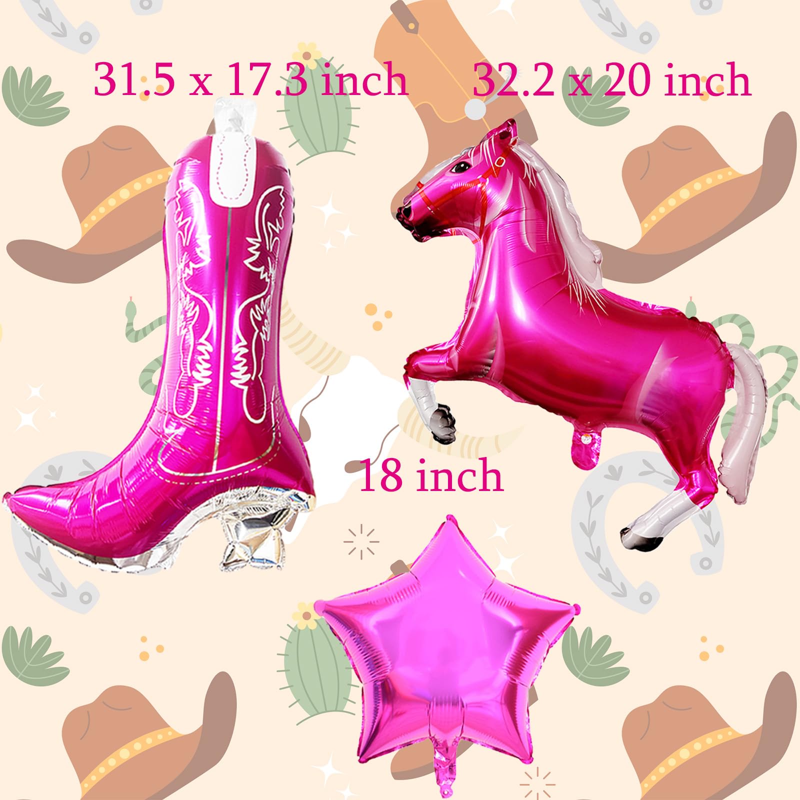 6Pcs Western Cowgirl Party Balloons, Pink Cowgirl Boots Balloons Horse Balloons and Star Balloons for Girls Western Themed Birthday Baby Shower Bachelorette Party Decorations Supplies