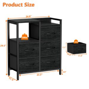 Furnulem 5 Drawer Black Dressers for Bedroom 2 Tier Shelf Storage Small Fabric Dresser for Closet Sturdy Metal Frame Modern Dresser Bedroom Dresser with Drawers for Hallway Rooms