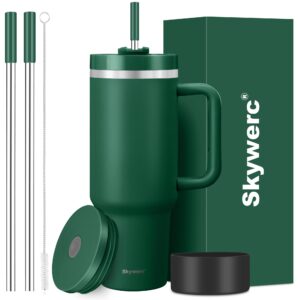 40 oz tumbler with handle and straw, 2 lids (2 in 1 & leakproof lid) - vacuum insulated stainless steel double wall water bottle travel coffee mug - holiday gifts for women men - dark green