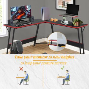 NiamVelo L Shaped Gaming Desk with Large Desktop & Storage Space - Ideal for Studying, Working, and Gaming - Adjustable Feet & Optional Tray Table Installation (Black)