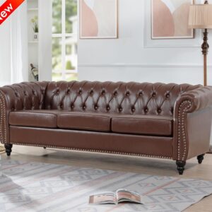 VENYAA Higher Quality and Stronger 84.65" PU 3 Seater Sofa Couch with Enhanced Legs and Rolled Arm for Living Room Office, Thickened Reinforced 3 Seater Leather Couch (Easier To Assemble) (Dark Brown)