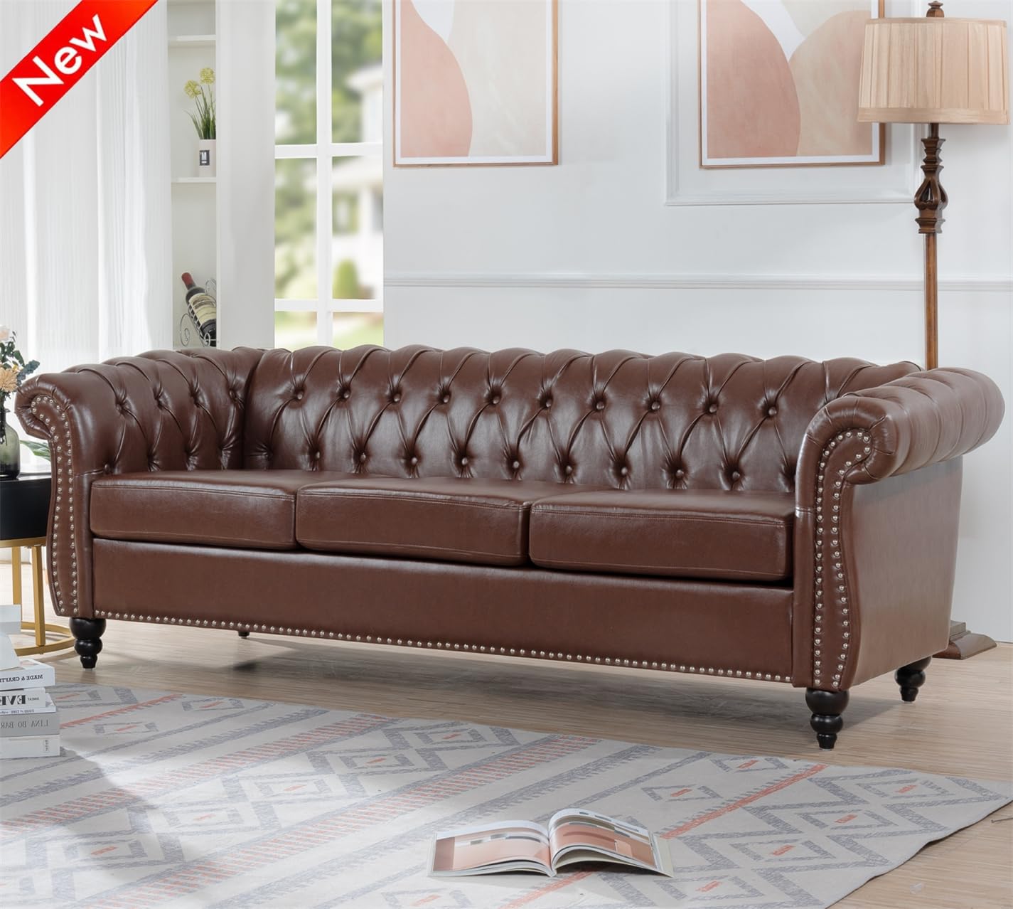 VENYAA Higher Quality and Stronger 84.65" PU 3 Seater Sofa Couch with Enhanced Legs and Rolled Arm for Living Room Office, Thickened Reinforced 3 Seater Leather Couch (Easier To Assemble) (Dark Brown)