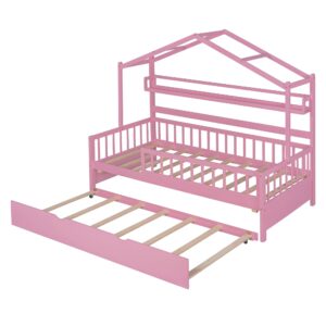 Harper & Bright Designs Wooden Twin Size House Bed with Trundle,Kids Bed with Shelf, White (Twin, Pink+Trundle1)