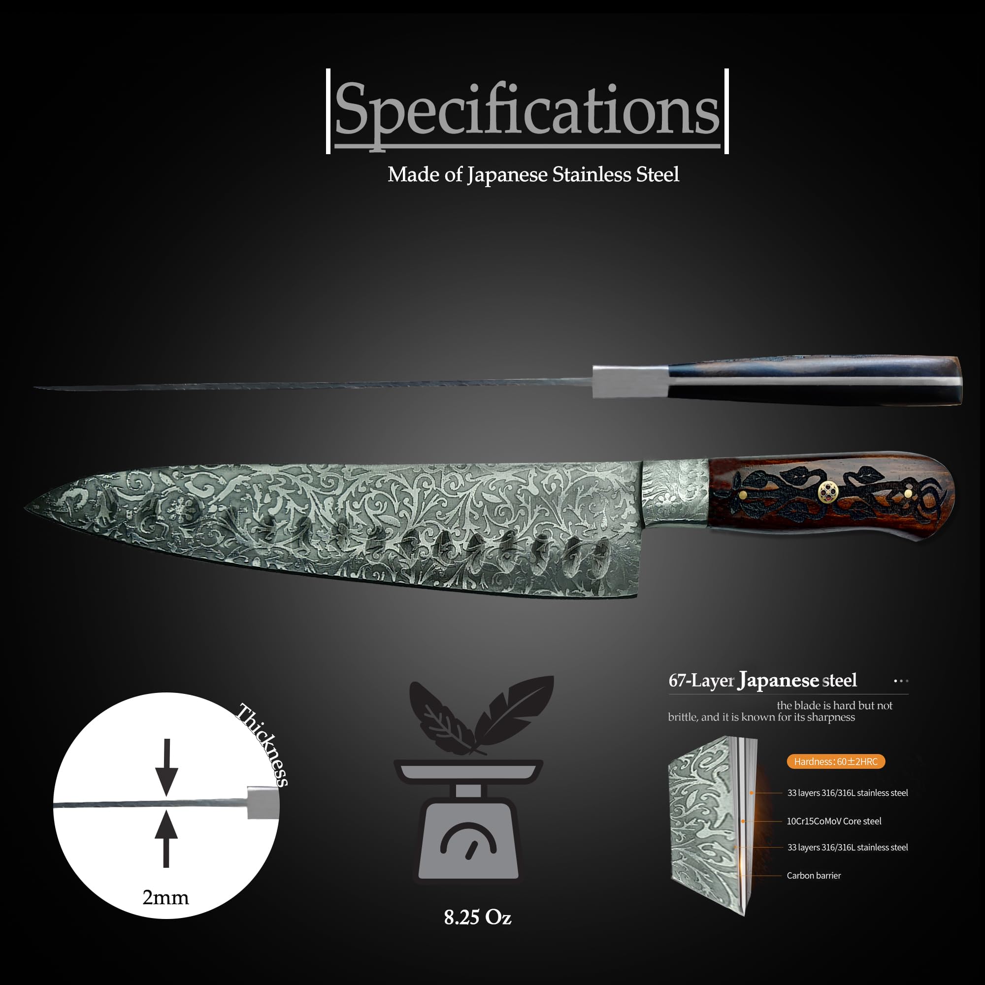 Chef knife 8 inches Japanese Steel Knife High Carbon Stainless Steel 67 Layers Super Sharp Professional Kitchen Knife Forged With Full Tang Blade and Ergonomic Carved Handle