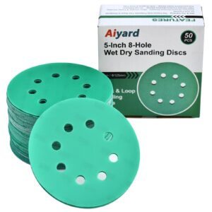 aiyard 5-inch 8-hole wet dry sanding discs 2000 grit, polyester film backed heavy-duty hook and loop sandpaper for random orbital sander, 50-pack