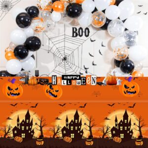 Kesfey 3 Packs Orange Halloween Tablecloth 54 x 108 Inches Scary Castle Ghost Pumpkin Table Cloth Disposable Waterproof Plastic Bat Spider Web Table Cover Trick or Treat for Halloween Party Dining