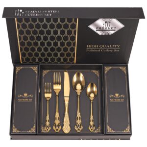 retro royal gold silverware set with gift box for 8 cutlery set utensils stainless steel flatware 40 pieces mikiway kitchen tableware set for gifts festive, dishwasher safe, mirror polishing