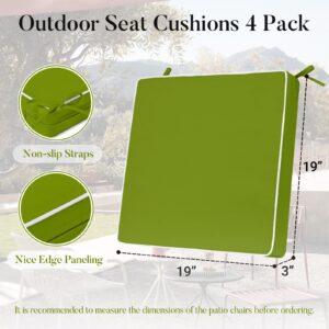 Basic Beyond Outdoor Chair Cushions for Patio Furniture, Waterproof Outdoor Seat Cushions Set of 4 19 x 19, Patio Chair Cushions Set of 4 with Ties and Handle, Grass Green/White