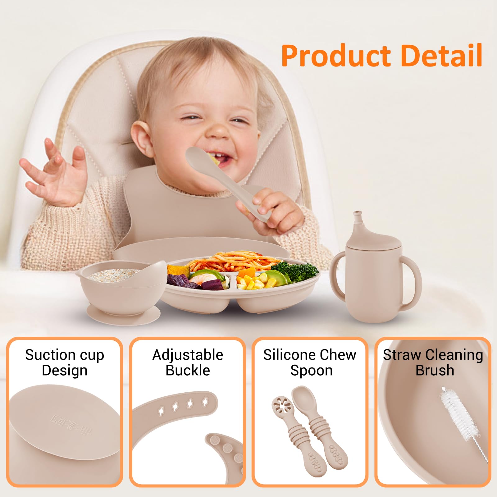 Baby Led Weaning Supplies, 11-Piece Silicone Baby Feeding Set Baby Plates and Utensils Set Infant Feeding Set Suction Plates and Suction Bowls For 6+ Months Toddler (Beige)