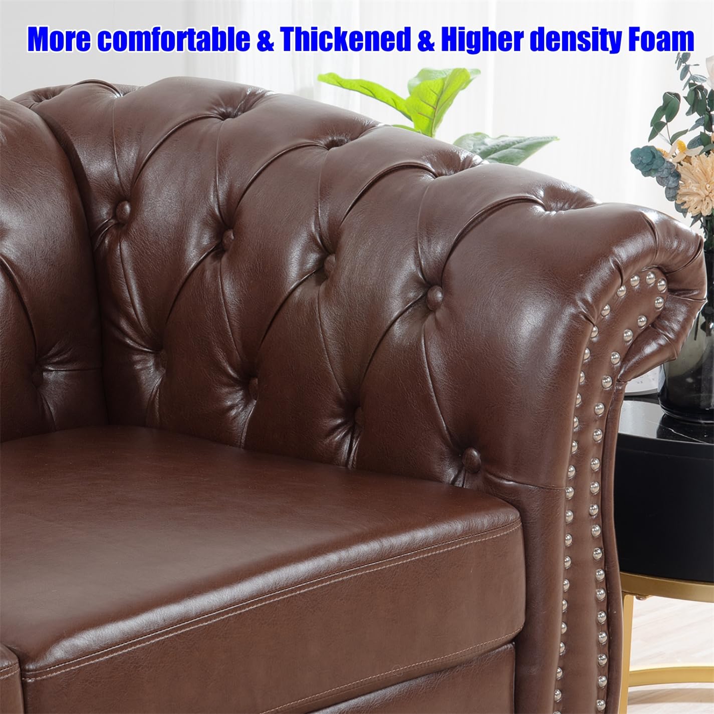 VENYAA Higher Quality and Stronger 84.65" PU 3 Seater Sofa Couch with Enhanced Legs and Rolled Arm for Living Room Office, Thickened Reinforced 3 Seater Leather Couch (Easier To Assemble) (Dark Brown)