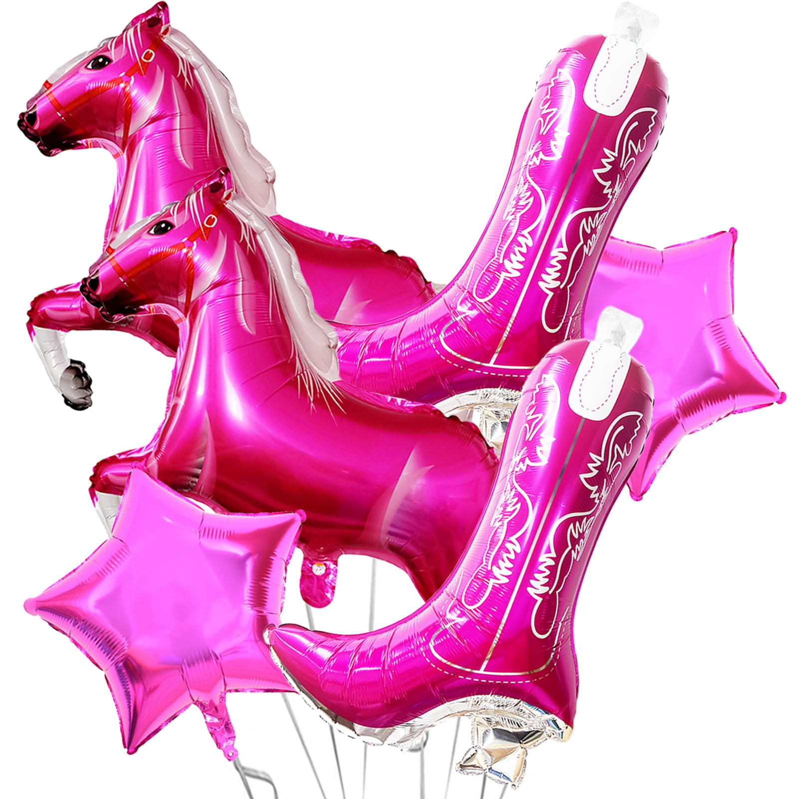 6Pcs Western Cowgirl Party Balloons, Pink Cowgirl Boots Balloons Horse Balloons and Star Balloons for Girls Western Themed Birthday Baby Shower Bachelorette Party Decorations Supplies